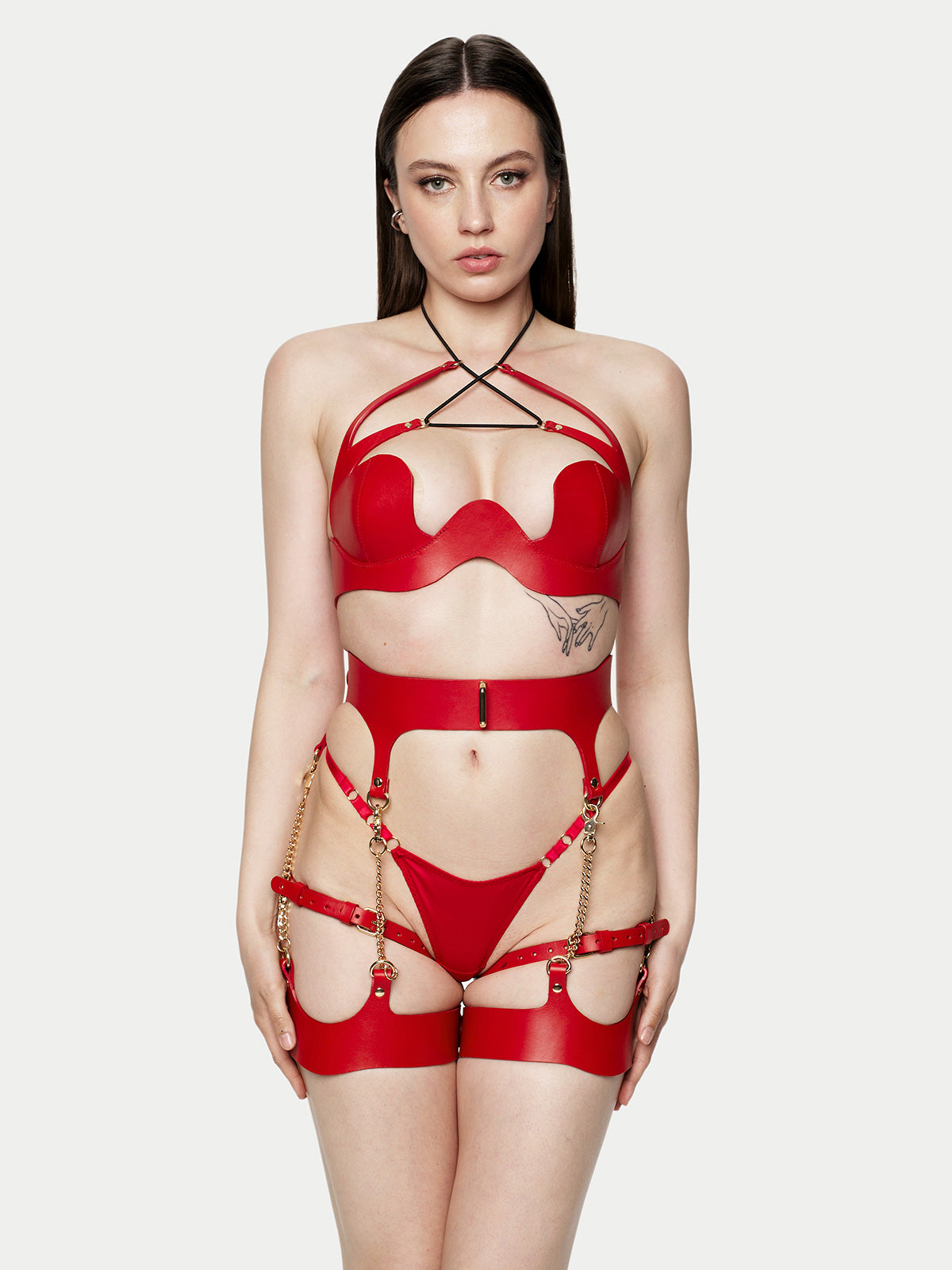 Set aus Doja-Strumpfhaltern und BH aus Leder in Rot